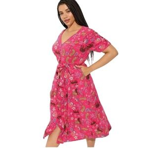 Torrid Pink Leopard Floral Button Front Midi Dress Plus Size 1 Pockets Belted